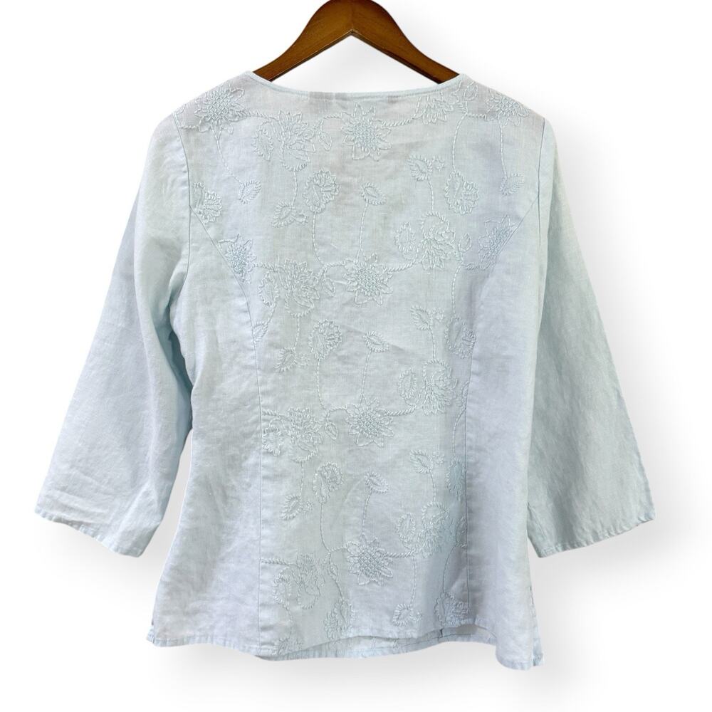 Saint Tropez West Blue Linen Embroidered Blouse Top L 3/4 Sleeve Beach Coastal - Picture 6 of 10